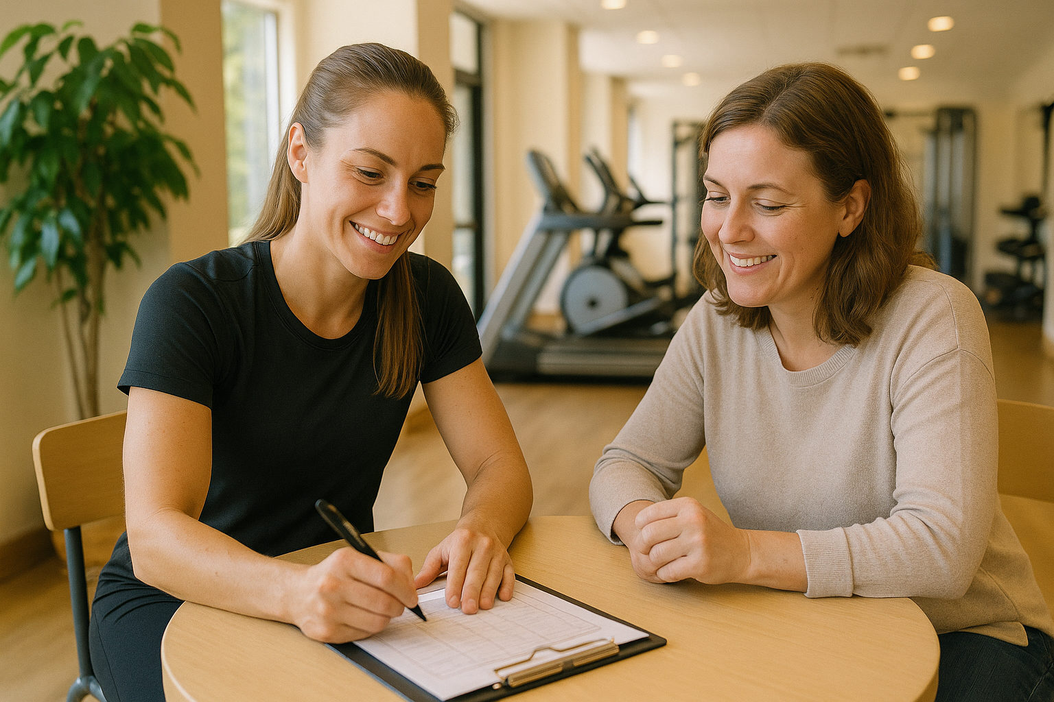 Fitnesstrainerin bespricht mit einer Kundin den Trainingsplan an einem Tisch im Studio