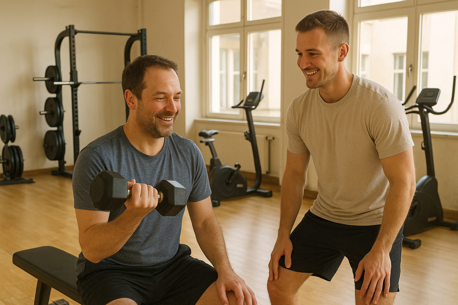 Personal Trainer betreut einen Kunden beim Hanteltraining im hellen Studio
