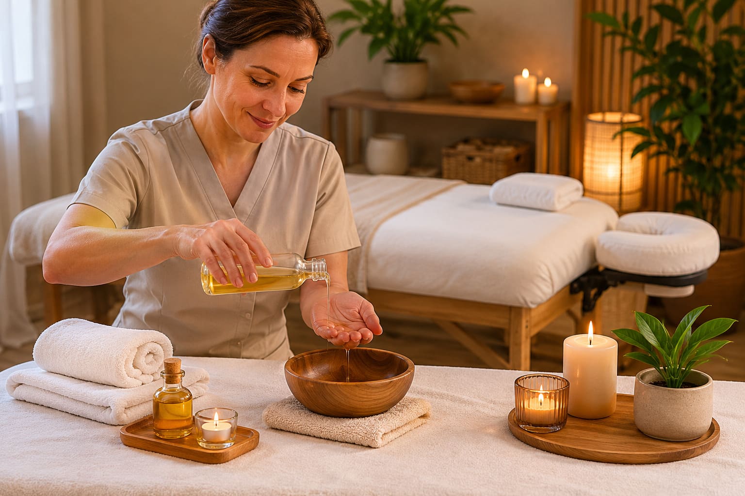 Vorbereitung der klassischen Ganzkörpermassage: warmes Massageöl am gedeckten Massagetisch