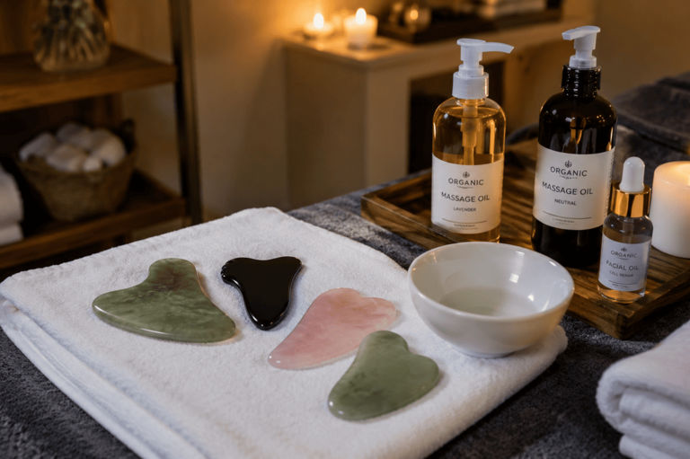 Gua-Sha-Schaber aus Jade, Rosenquarz und dunklem Stein auf einem Handtuch