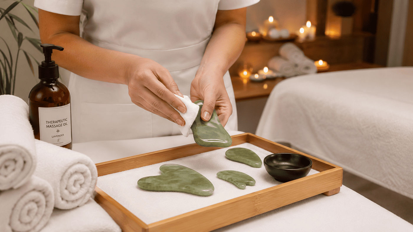 Vorbereitete Gua-Sha-Schaber auf einem Tablett neben der Massageliege