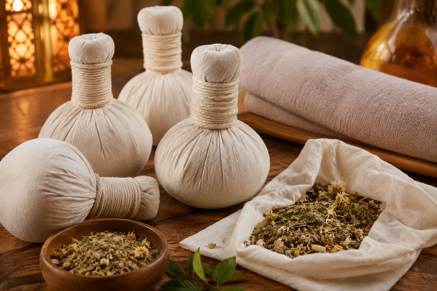 Kräuterstempelmassage – Anwendung mit warmen Kräuterstempeln