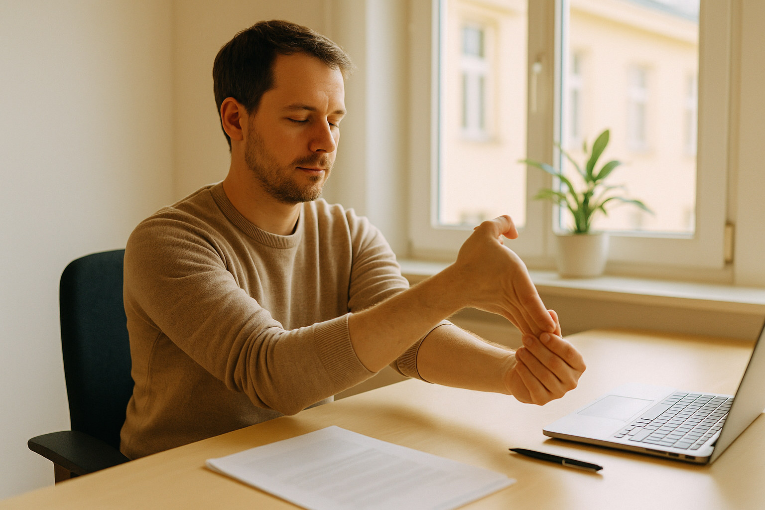 Mann dehnt am Schreibtisch das Handgelenk mit der anderen Hand
