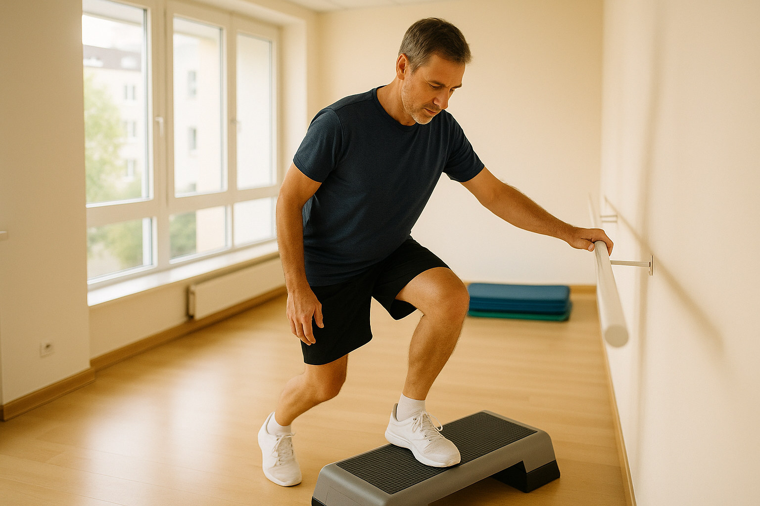 Mann steigt in der Physiotherapie langsam von einem niedrigen Step herab