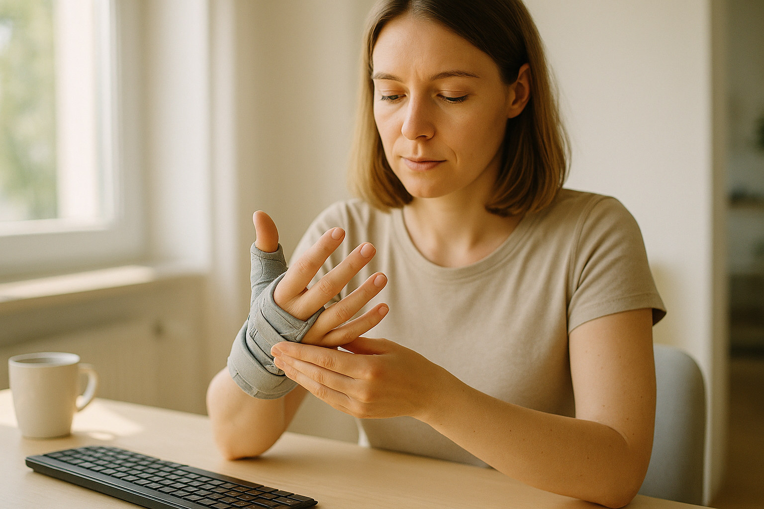 Frau mit Handgelenkschiene bewegt die Finger am Schreibtisch behutsam