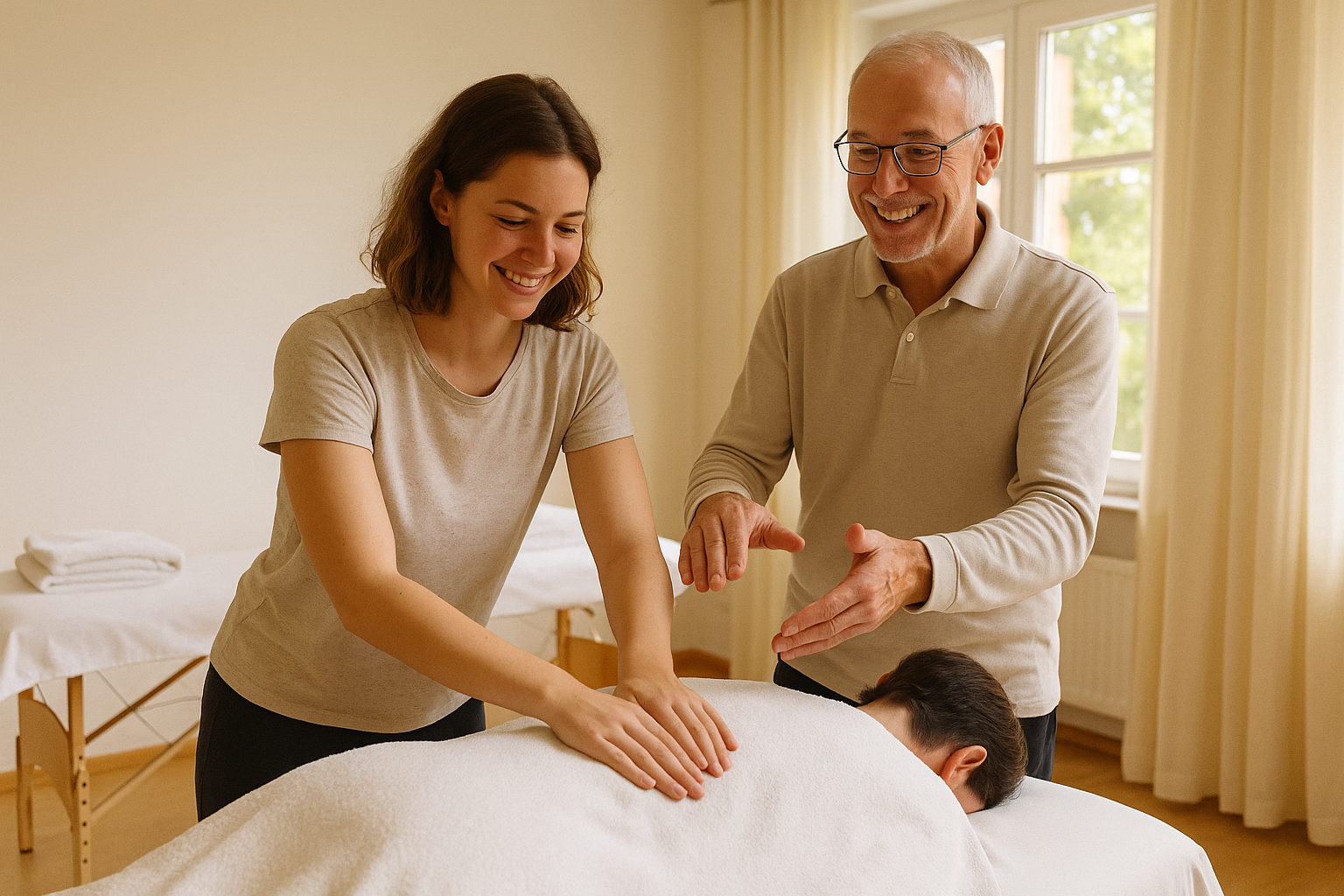 Teilnehmerin übt an einem Präsenztag unter Anleitung eine Massagetechnik
