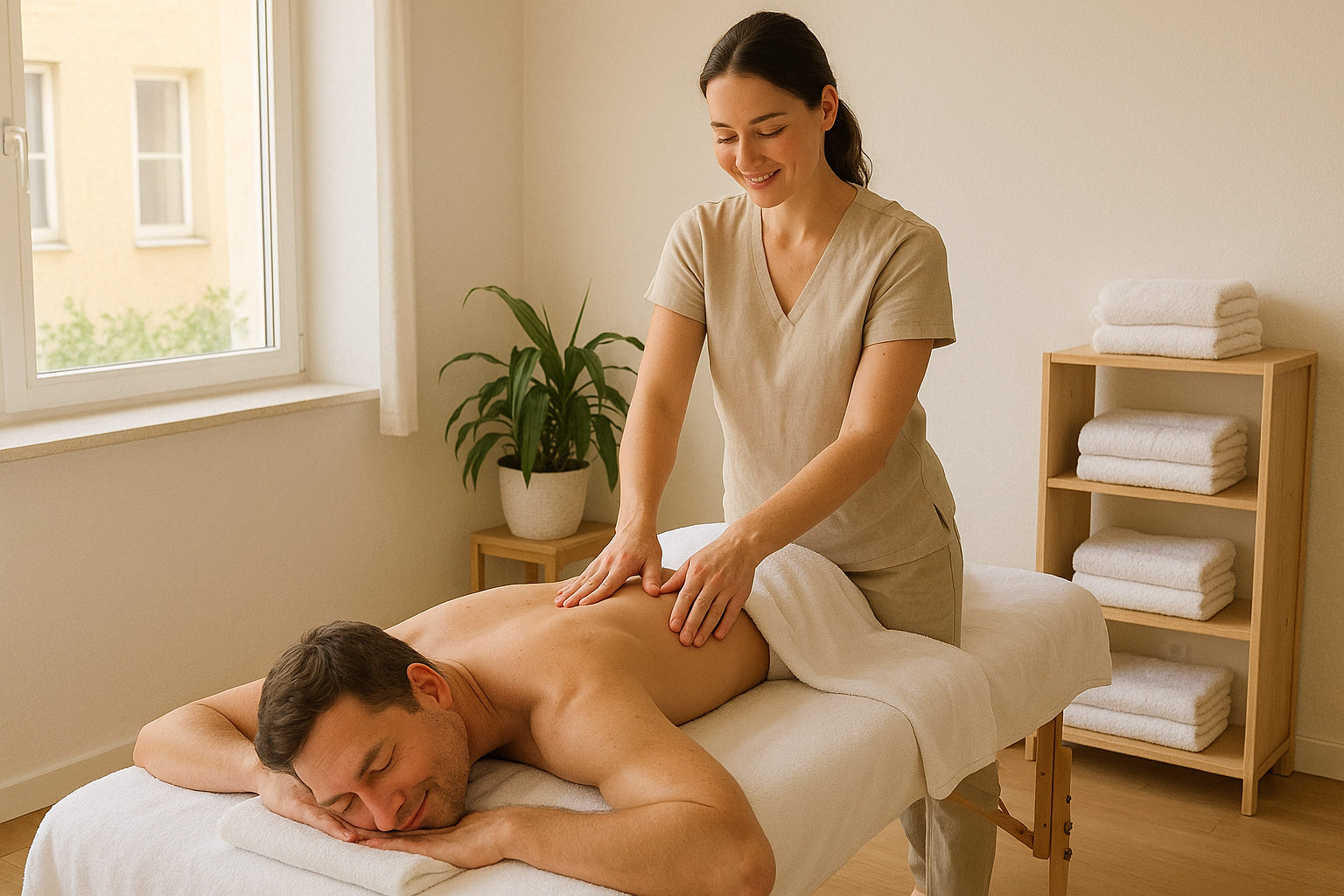 Masseurin führt eine klassische Rückenmassage an einem Kunden durch