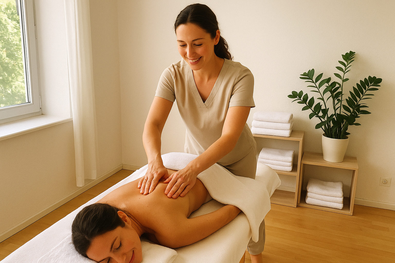 Masseurin behandelt in ihrer Praxis den Schulterbereich einer Kundin