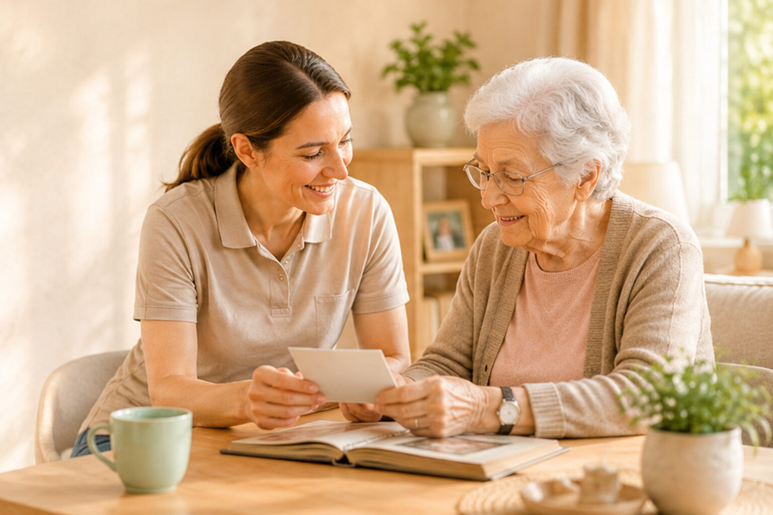 Alltagshelferin und Seniorin beim Betrachten eines Fotoalbums