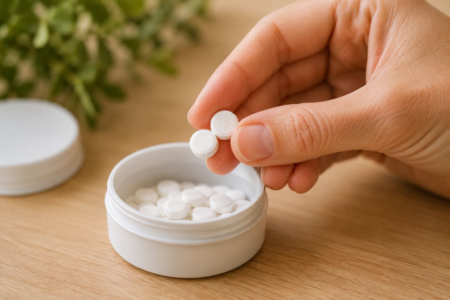 Schüßler-Salz-Tabletten aus einem geöffneten Döschen