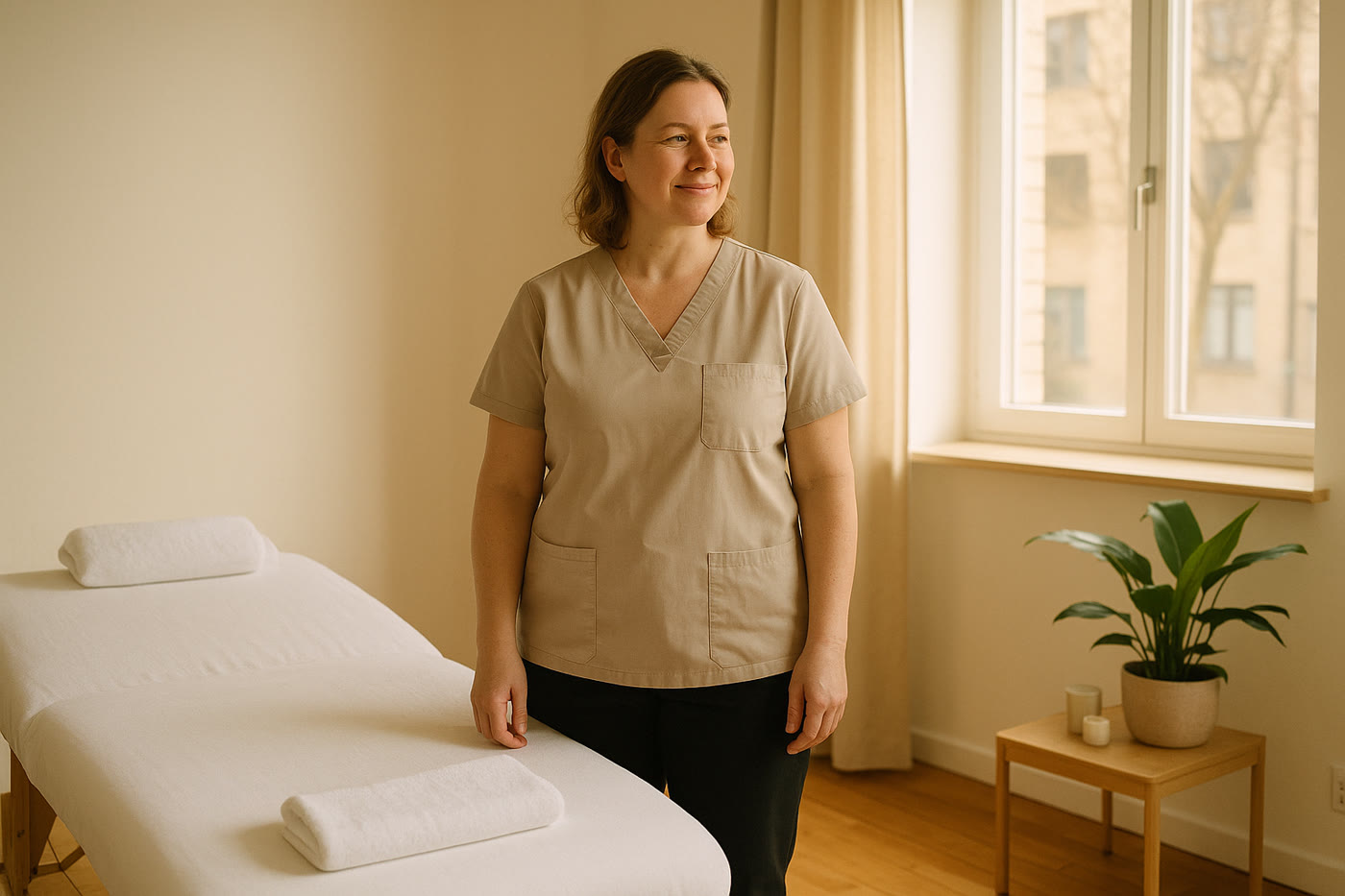 Masseurin steht entspannt in ihrer eigenen neu eingerichteten Massagepraxis