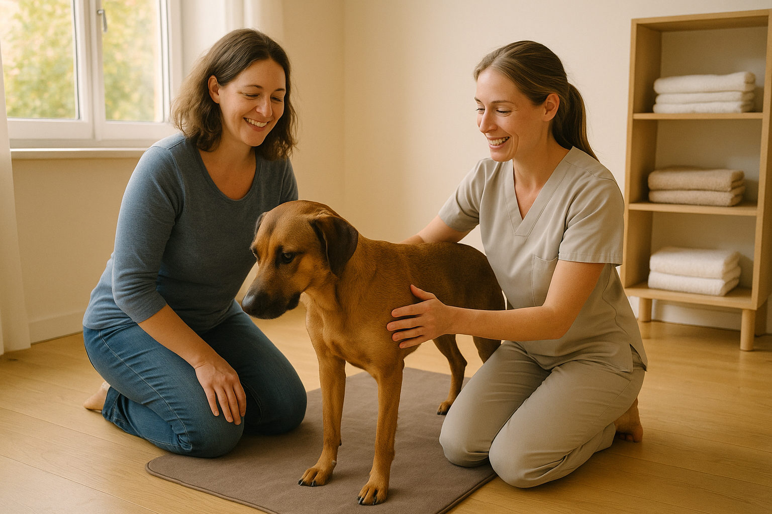 Tierheilpraktikerin untersucht einen Hund in einer hellen Praxis, die Besitzerin kniet daneben