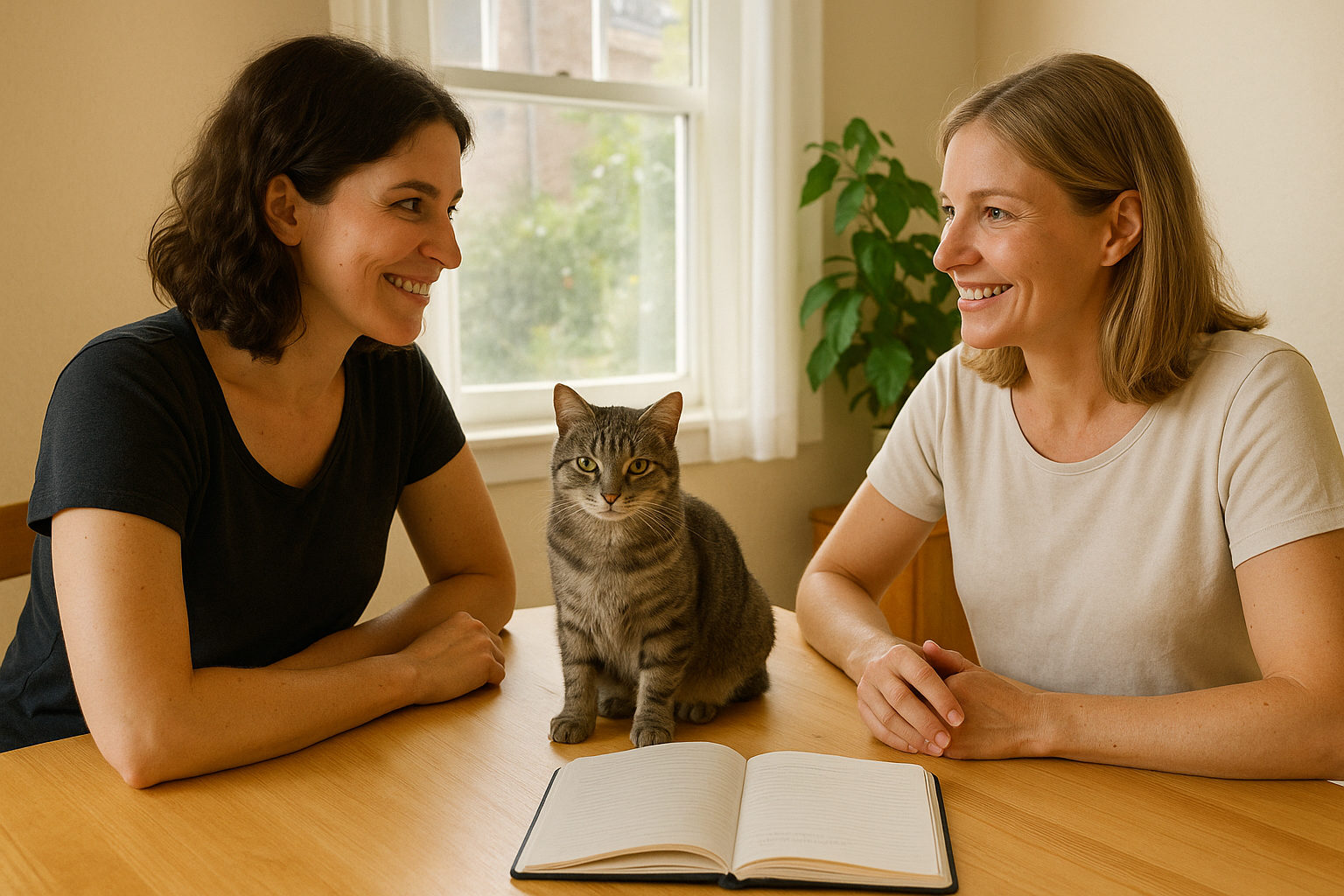 Tierheilpraktikerin bespricht mit einer Katzenbesitzerin den Behandlungsverlauf, die Katze sitzt auf dem Tisch