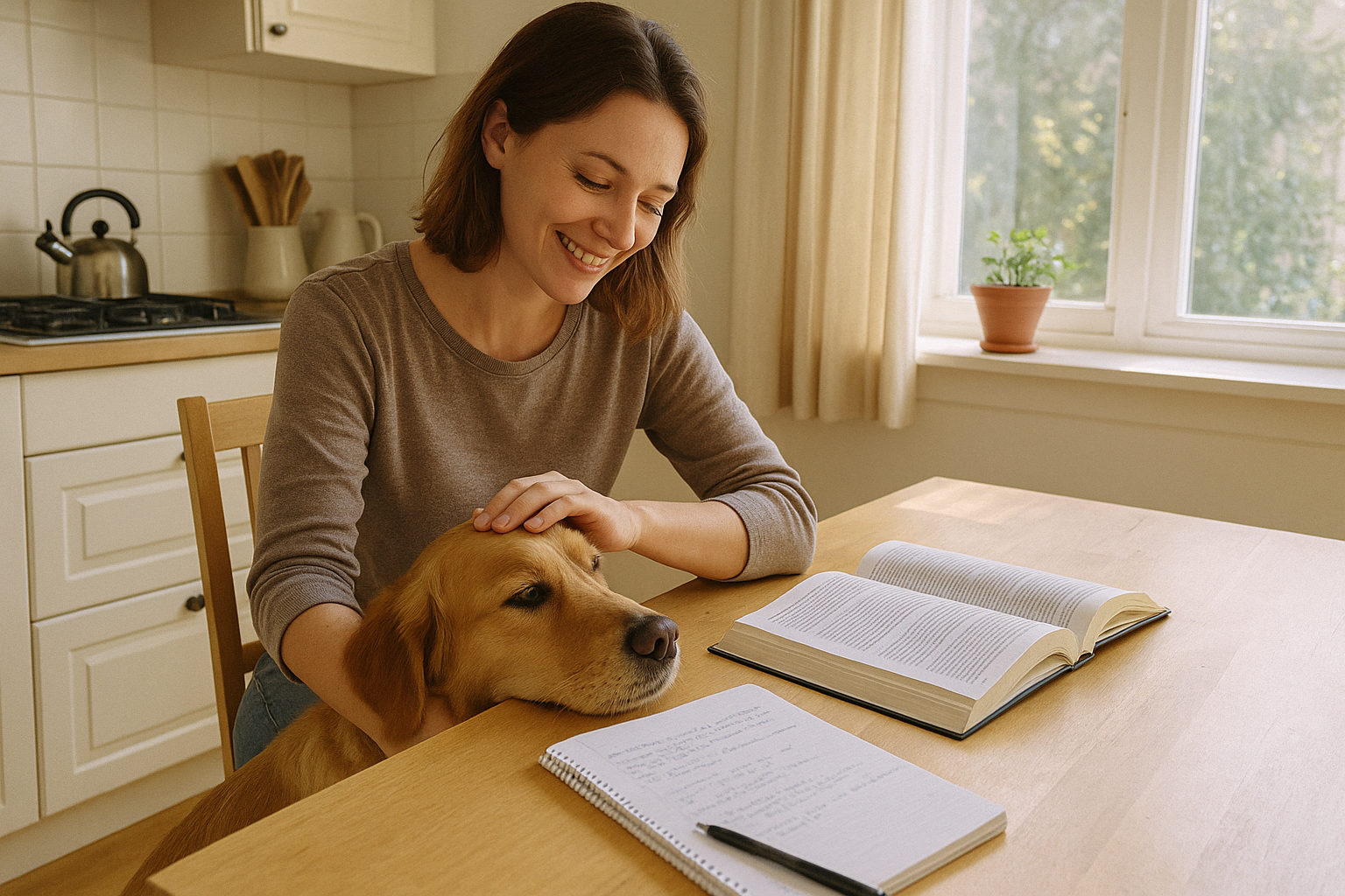 Frau lernt am Küchentisch mit Laptop und Fachbuch, ihr Hund liegt entspannt neben ihr