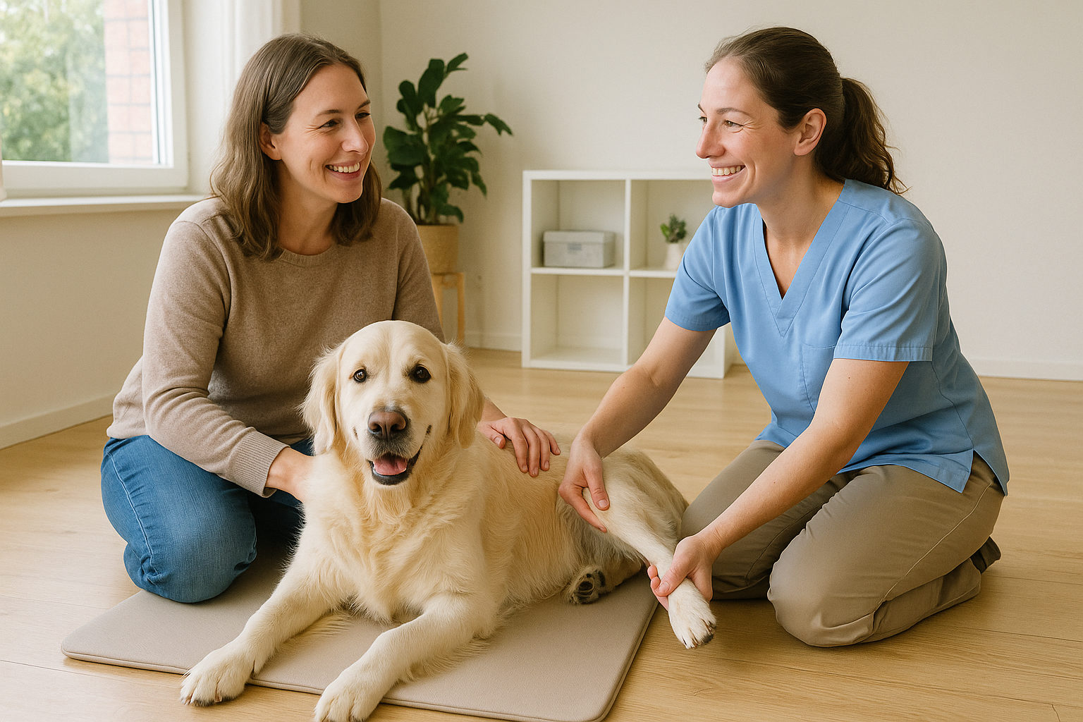 Tierphysiotherapeutin erklärt einer Hundebesitzerin eine Übung für zu Hause