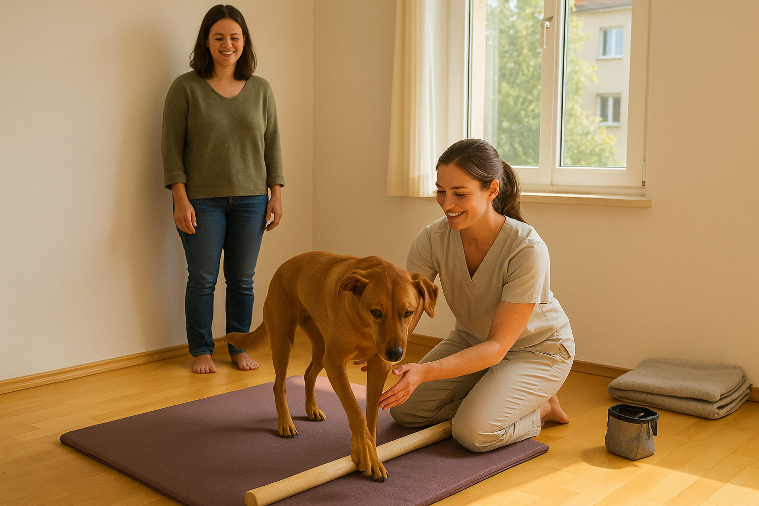Tierphysiotherapeutin leitet einen Hund über eine Bodenstange, die Besitzerin schaut zu