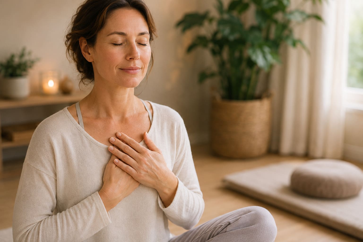 Frau in entspannter Meditationshaltung mit geschlossenen Augen in hellem Raum