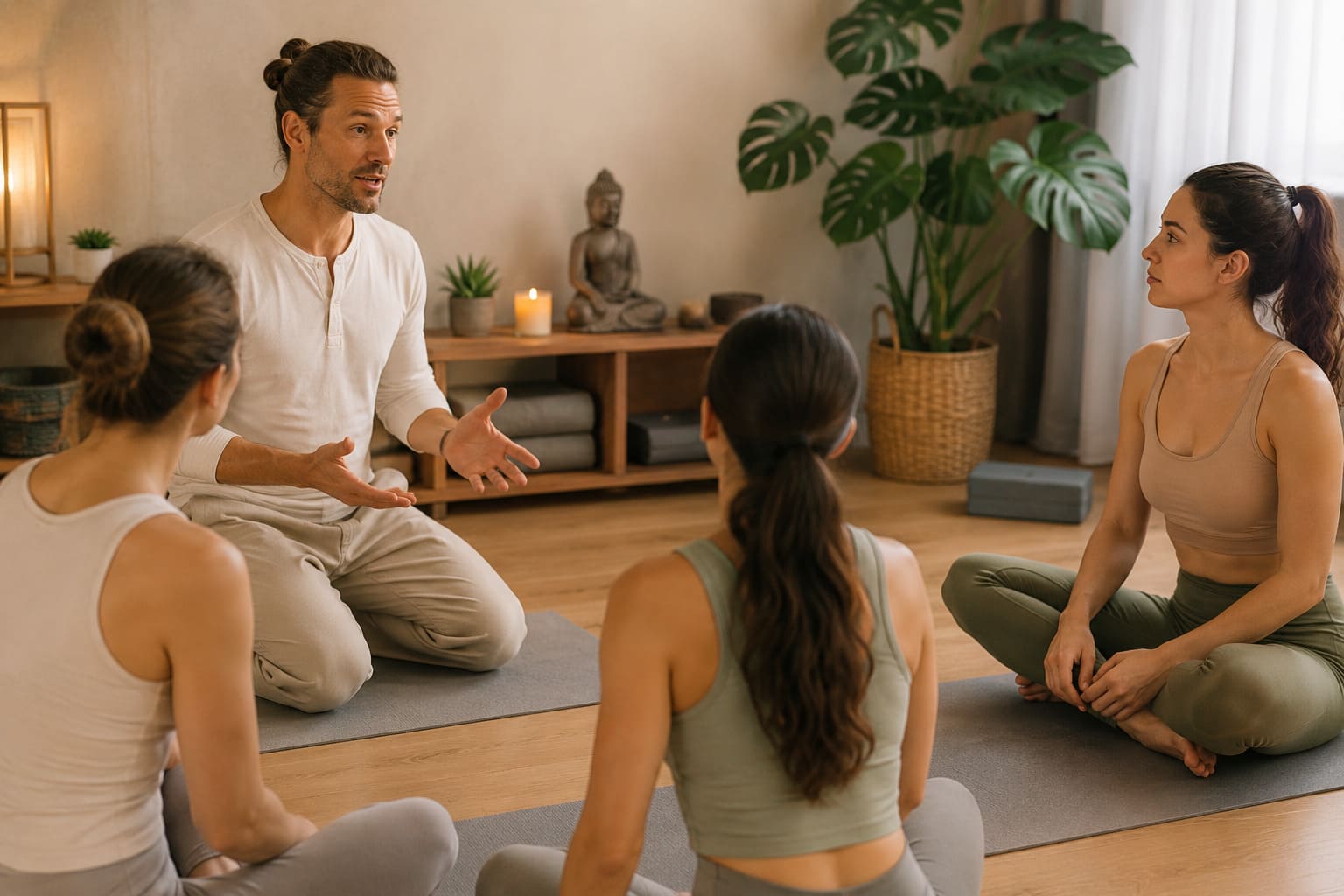 Yoga-Lehrer unterrichtet eine kleine Gruppe im hellen Studio