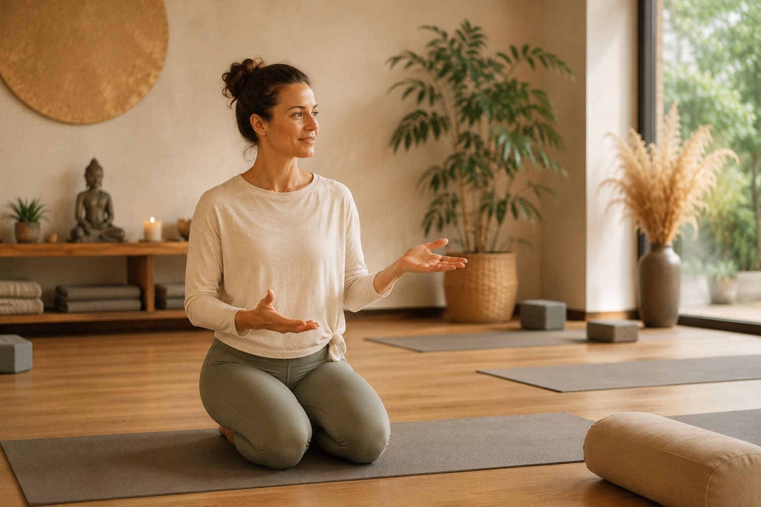 Yoga-Lehrerin erklärt im hellen Studio