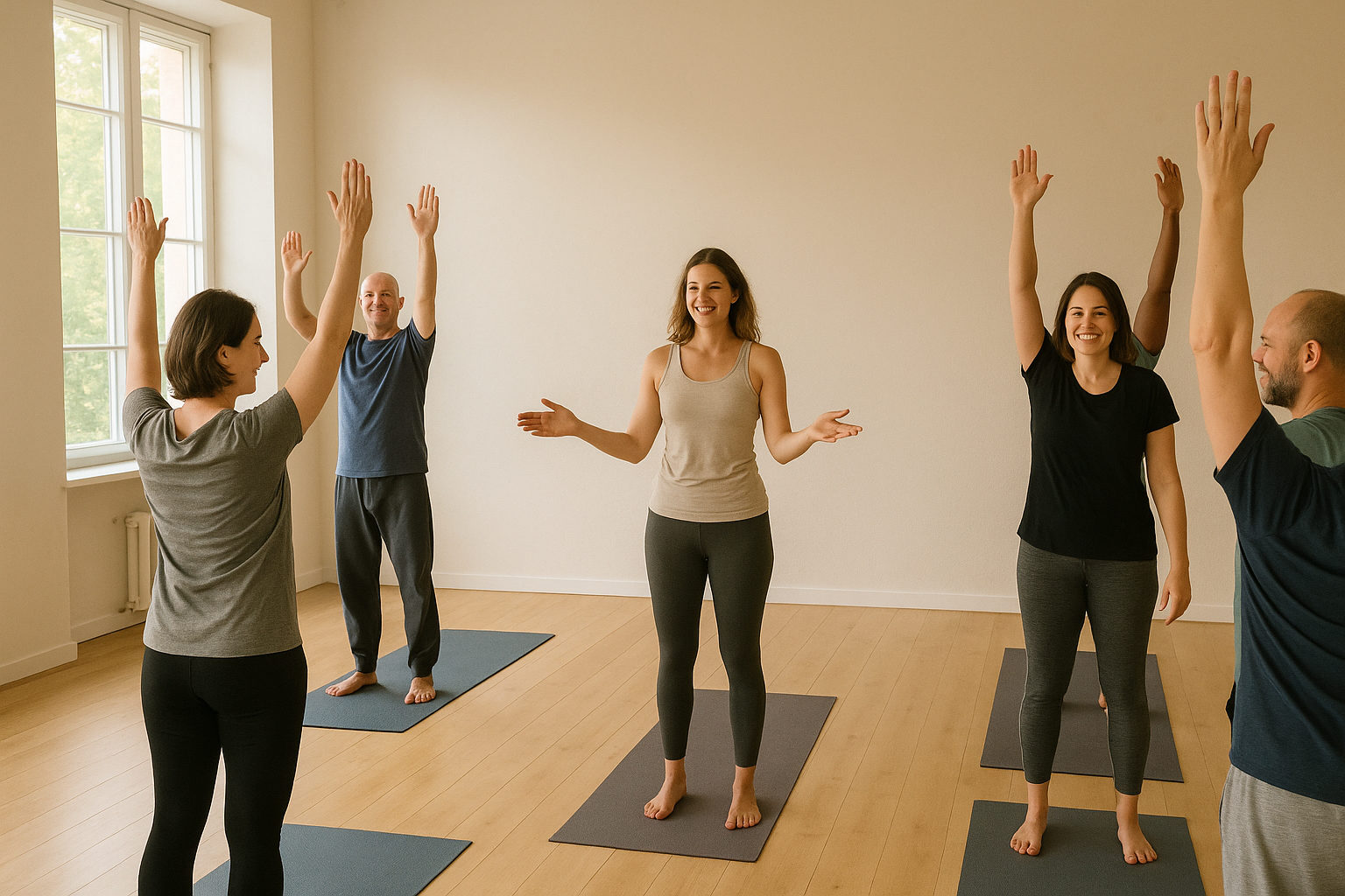 Yogalehrerin leitet eine kleine Gruppe in einem hellen Kursraum an
